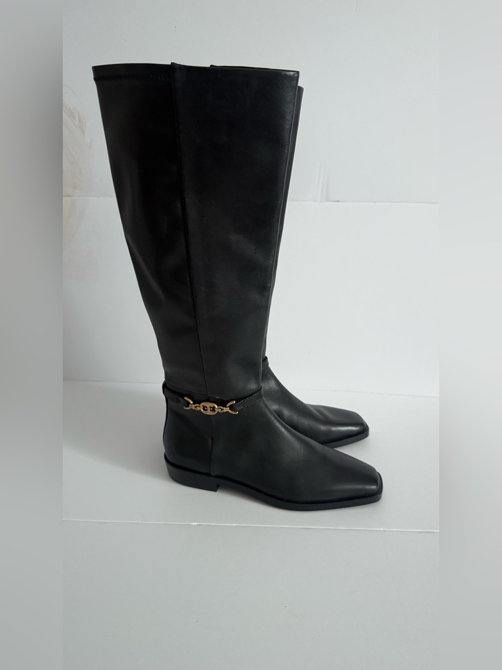 Sam Edelman Black Over-the-Knee Boots with Gold Chain Detail